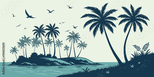 A serene tropical island with palm trees and a small boat in the foreground