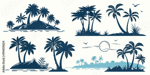 A serene beach scene with palm trees and a sunset over the ocean