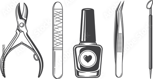 A professional set of steel manicure tools and hygiene equipment including scissors and metal knives is isolated on a white background as a vector illustration icon group