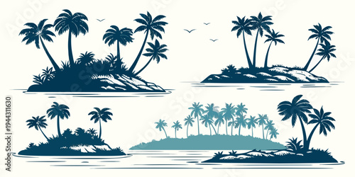 A serene tropical landscape with palm trees and a calm ocean in the background