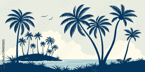 A serene tropical island with palm trees and a distant mountain range