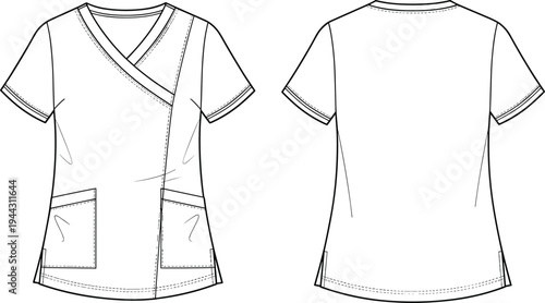 Black and white line of a short sleeved scrub medical uniform line black and white healthcare medical clothing