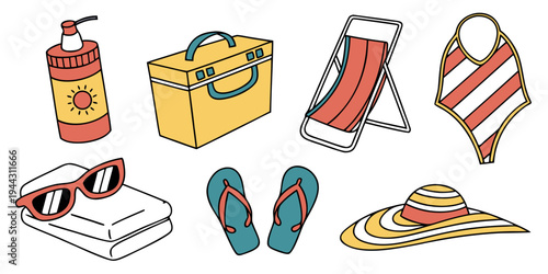 Assorted beach items including sandals, sunglasses, and a picnic basket