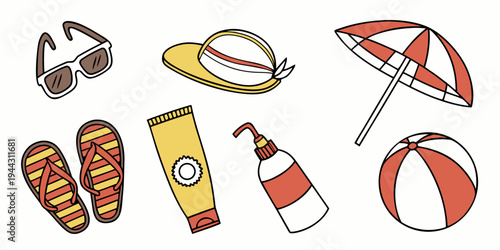 Assorted beach items including sandals, sunscreen, and a beach ball