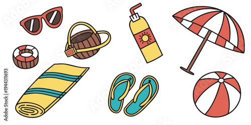 Assorted beach items including flip flops, beach ball, and colorful umbrella