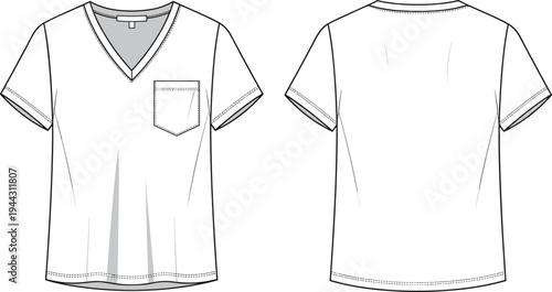 White v neck t shirt with pocket front and back view