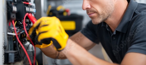 Technician Examining Smoke Damage in Control Panel with Gloves and Tools in Partial View