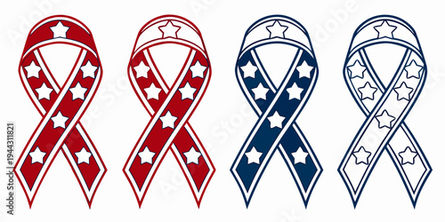 Awareness ribbons in red, white, and blue colors representing different causes