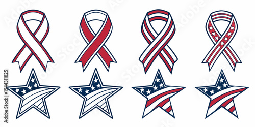 A collection of pink and blue ribbons and stars for breast cancer awareness.