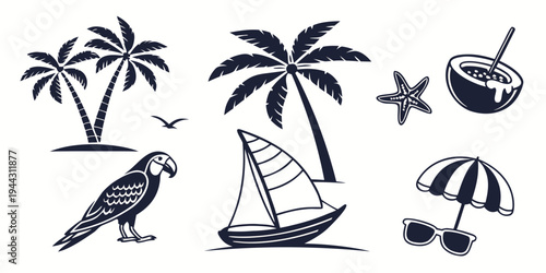 A tropical scene featuring a sailboat, palm trees, a parrot, and beach accessories.