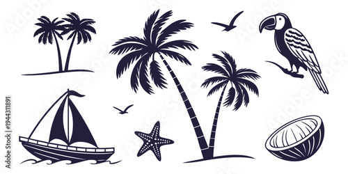 A collection of tropical elements including palm trees, a sailboat, a starfish, and a seashell
