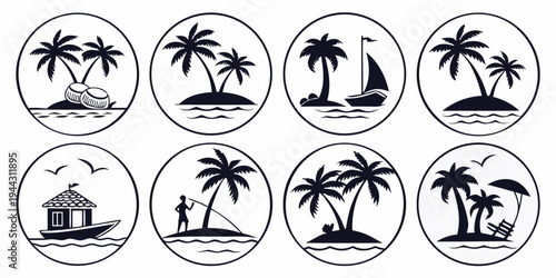 A collection of various tropical and beach-themed icons in circular frames