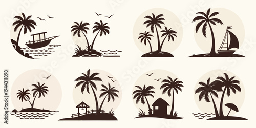 Six palm trees with different shapes and sizes standing on a sandy beach