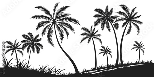 A group of palm trees standing tall on a beach with a clear sky above