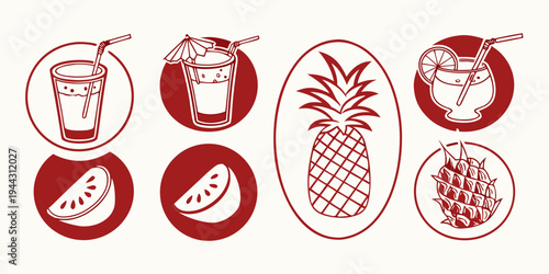 Assorted tropical fruits and a drink in a glass with a straw illustration