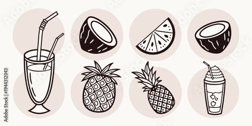 Assorted tropical fruits and a cocktail glass with a pineapple garnish