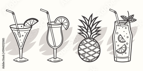 Assorted tropical drinks and fruits including pineapple, lime, and mint