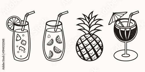 Assorted tropical drinks and a pineapple illustration in black and white