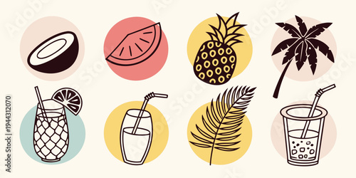 Assorted tropical fruits and colorful objects arranged in a circular pattern