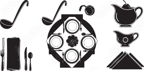 Black and white table setting with tea cups icons