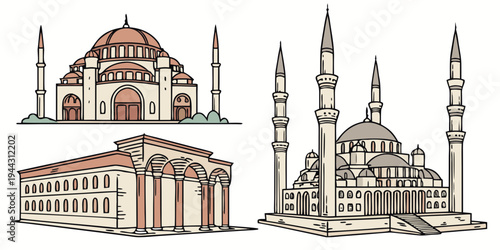 Three distinct architectural structures showcasing different styles and designs