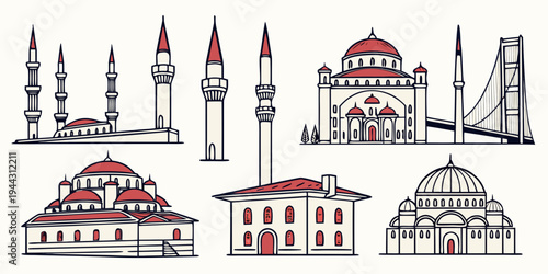 A charming collection of various types of houses and buildings with trees