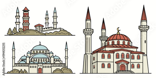 Detailed illustration of a mosque with minarets and domes in traditional islamic architecture