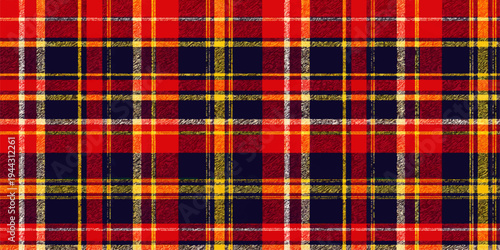 Seamless red and yellow tartan pattern featuring a checkered plaid fabric texture for fashion textile design or a geometric vector wallpaper backdrop