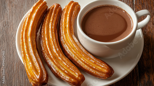 Churros with hot chocolate in white cup on wooden table, sweet fried pastry dessert with warm drink for cozy moments