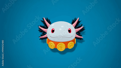 A cartoon axolotl-like creature with pink frills, red eyes, smiling, and wears a golden band
