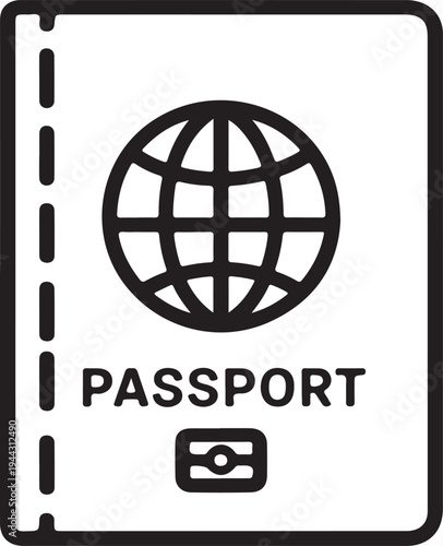 Passport Icon Simple Travel Document Identification Graphic, Minimal line icon of a passport representing international travel, identification, border control, and global mobility in a clean modern de