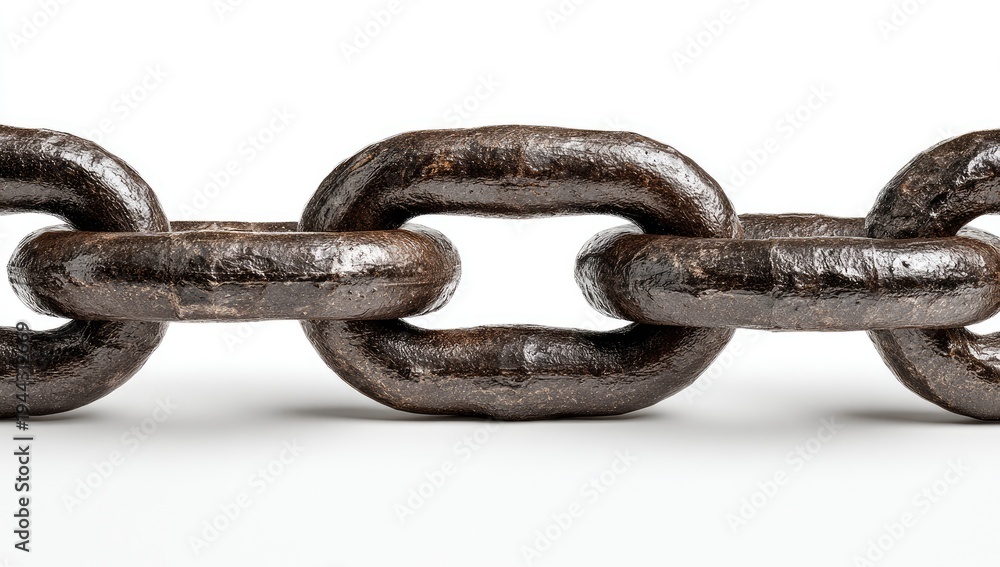Fototapeta premium Close-up of rusty metal chain links on white background; detail of connection and strength