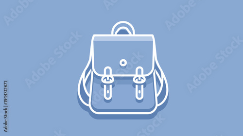 A flat-design backpack icon in shades of blue. The bag features a handle, buckle closures, and shadows