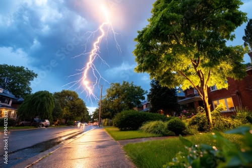 Striking Thunderstorm Illuminates Suburban Street with Powerful Lightning at Dusk