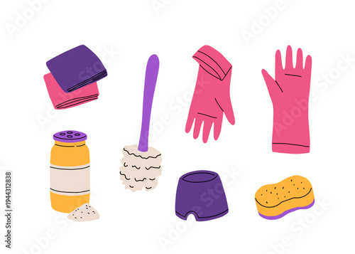 Cleaning supplies set. Mop, bucket, sponge, brush, dustpan, spray, soap, gloves, cloth, plunger. Home cleaning tools collection hand drawn vector illustration