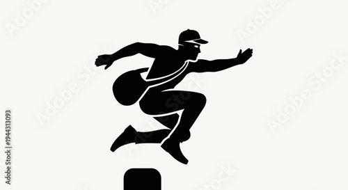 Dynamic Silhouette of a Mail Carrier Leaping Over Obstacle with Mailbag