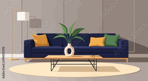 Sofa with pillows and coffee table.