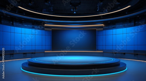 Television studio background with empty circular space, blue walls, elevated round stage, shining lights, and reflective surfaces, modern virtual set for media and broadcasting