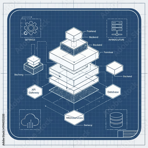 Stacked white cubes on blueprint.