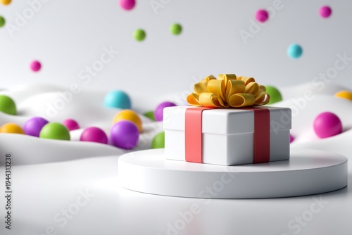 Premium Gift Showcase on Sculpted Snow Pedestal with Colorful Balls in Background