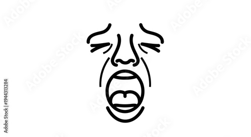 Exhausted Face Yawning Wide Open, Tired Expression, Sleepy Emotion, Black and White Line Art