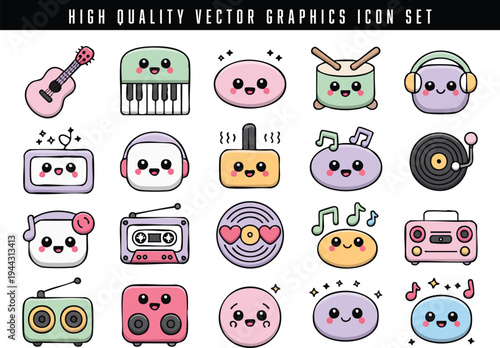 High quality vector graphics icon set of musical instruments and audio equipment