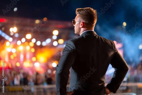 Professional Bodyguard Overseeing Event Security at Night with Outdoor Audience