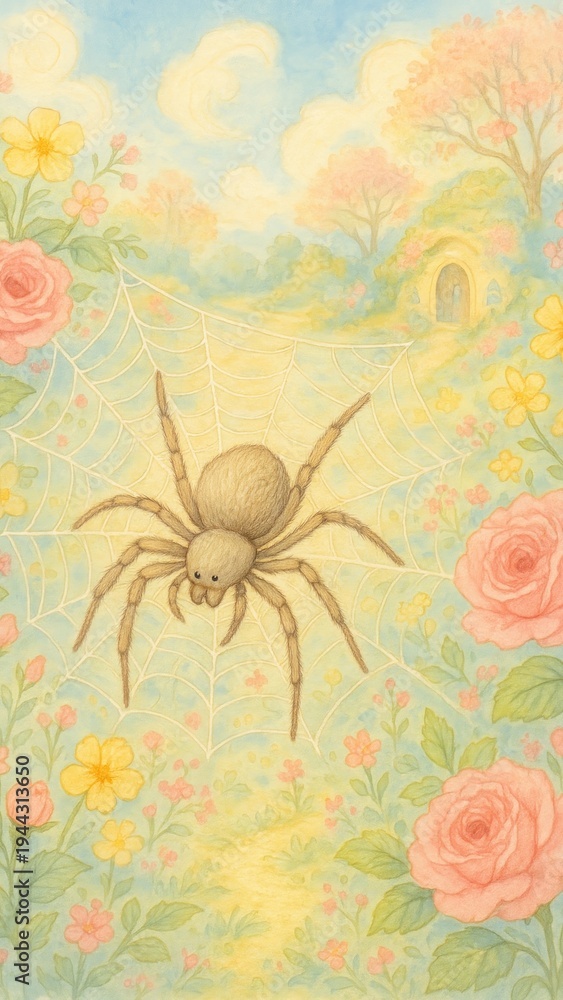 Fototapeta premium Whimsical spider on floral mobile wallpaper
