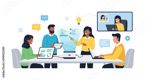 AI-Powered Team Collaboration and Strategy Meeting. Diverse business group analyzing data, software, and digital transformation using artificial intelligence technology.