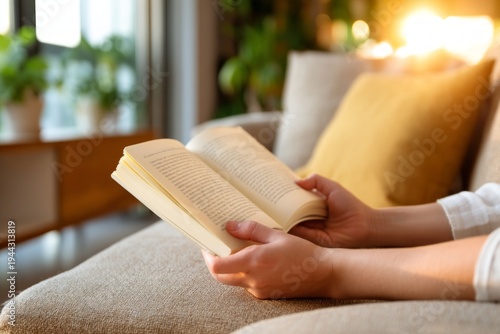 Serene Moment of Quiet Reading on a Textured Sofa Bathed in First Light