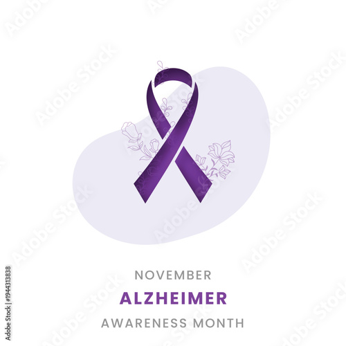 A professional vector illustration for Alzheimers Awareness Month in November, featuring a purple silk ribbon, delicate floral line art, and modern abstract shapes on a white background.