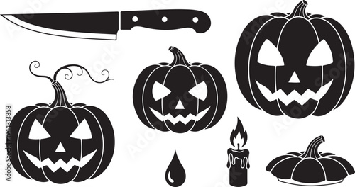 Halloween icons including jack-o-lanterns, knife, and candle illustrations