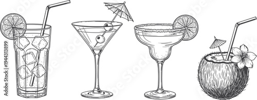 A still life set of kitchen utensils and a martini glass featuring a cold vodka cocktail with an olive, perfect for a bar celebration or an isolated alcoholic beverage refreshment