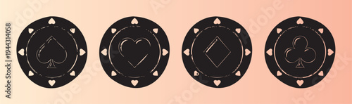 Four poker chips with different card suits isolated on transparent background